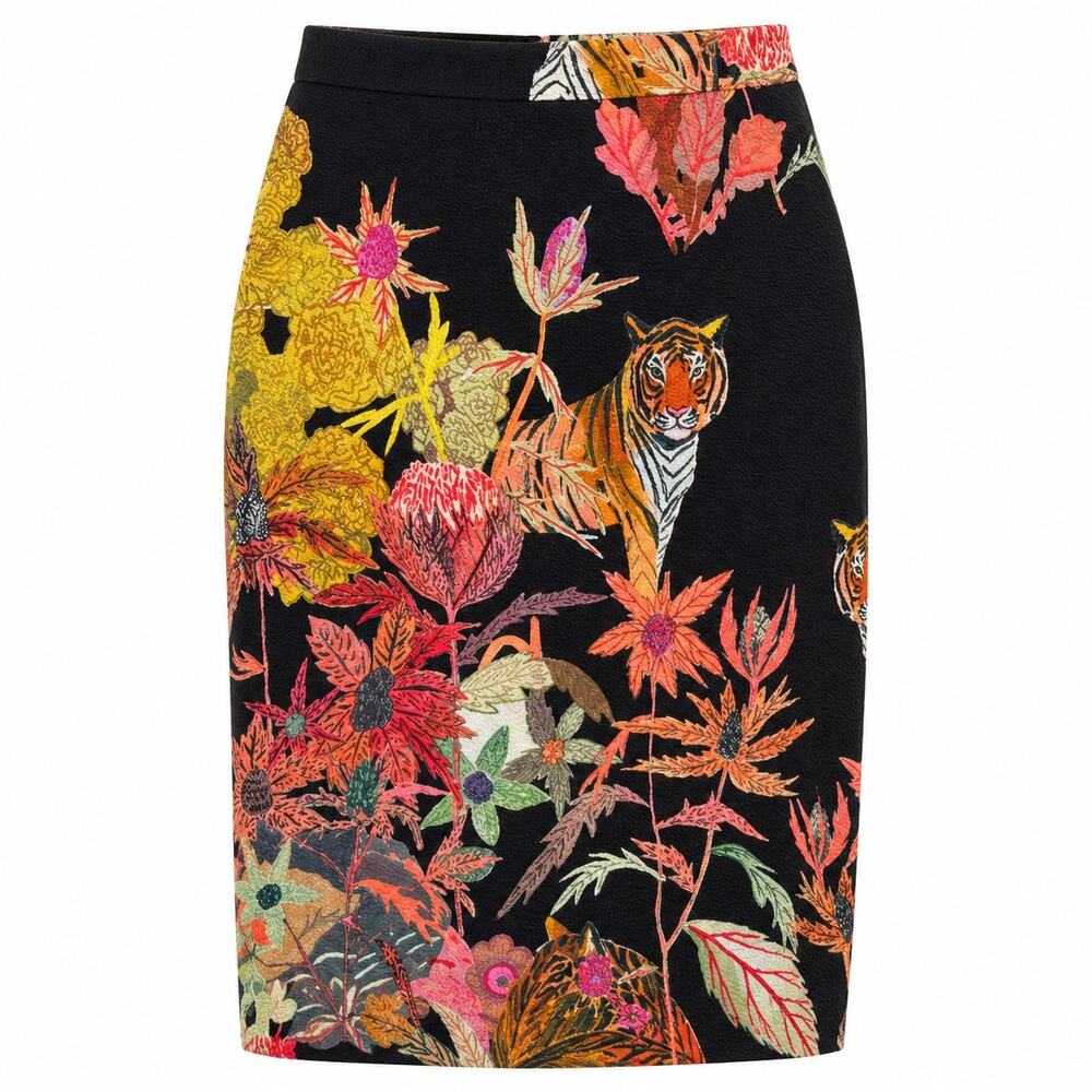 Michelle Morin Anthropologie Tiger Floral Pencil Skirt Black Motif Womens S NWT
